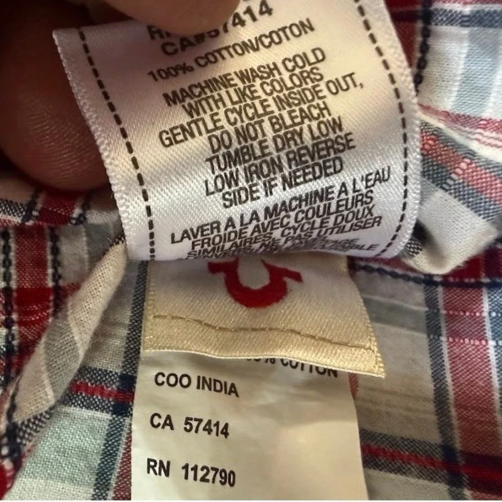 True‎ Religion Mens 2XL Western Pearl Snap Shirt Short Sleeve Plaid Red White.